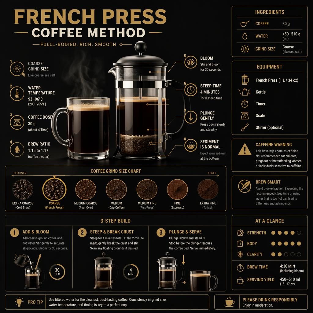Modern black and gold French press coffee infographic with brew steps, equipment panel, callouts, and coffee grind size chart.