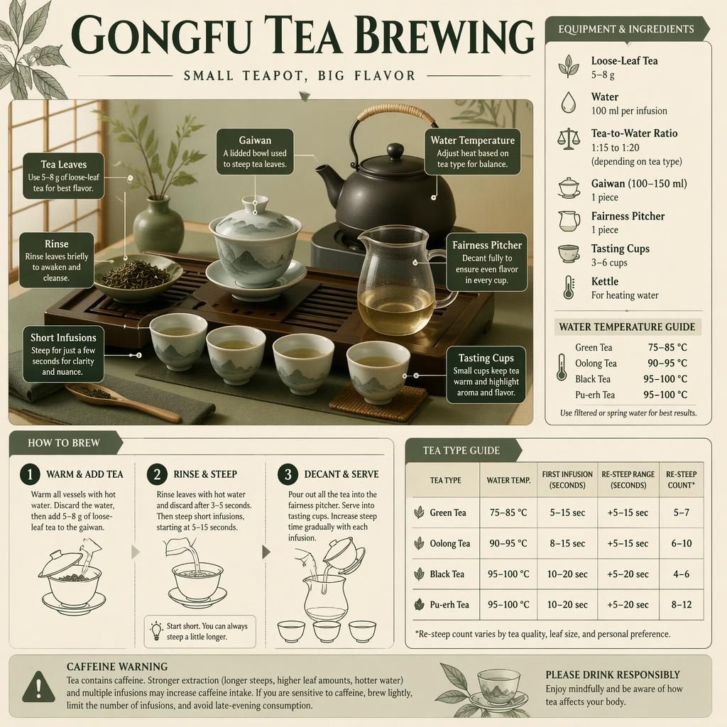Editorial tea infographic showing a gongfu setup with gaiwan, pitcher, cups, kettle, ratios, temperatures, and steps.