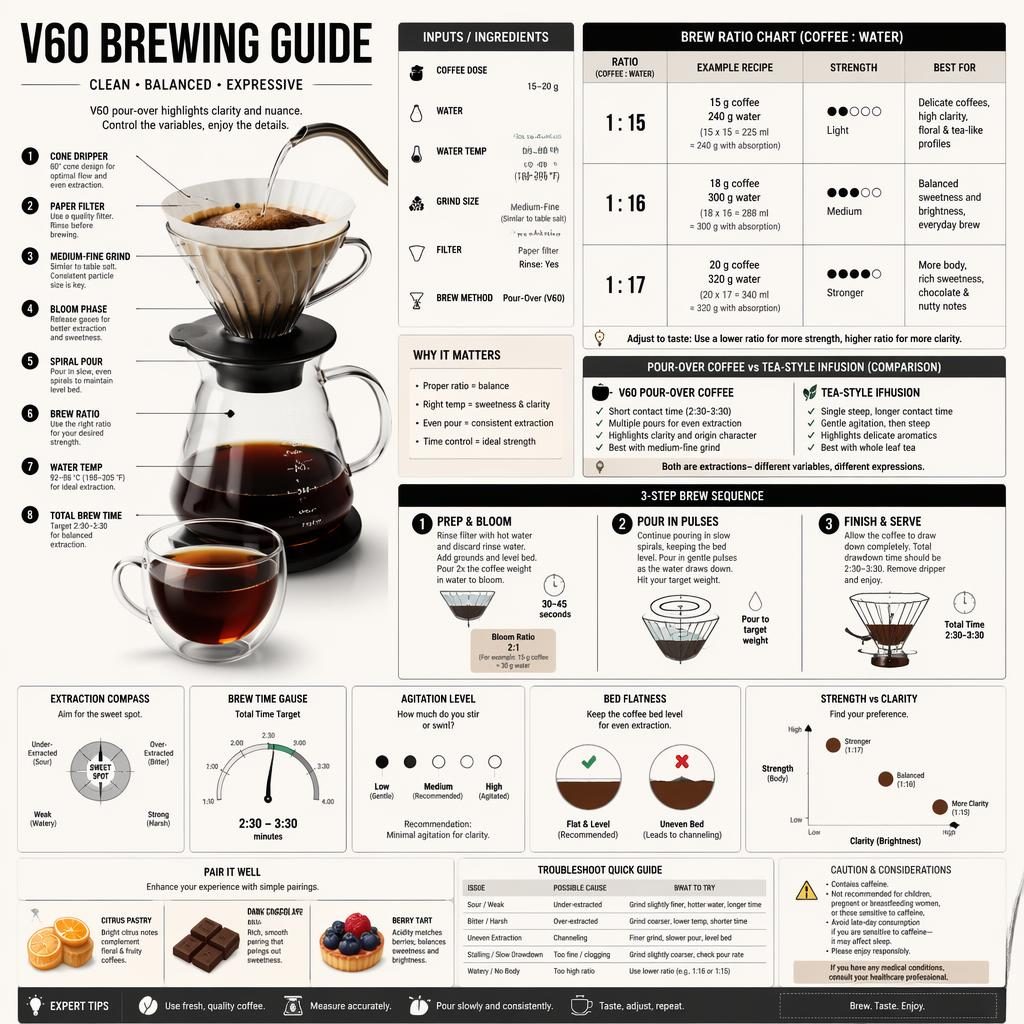 Monochrome V60 brewing guide infographic with dripper, server, ratio chart, step sequence, gauges, pairing strip, and callouts.