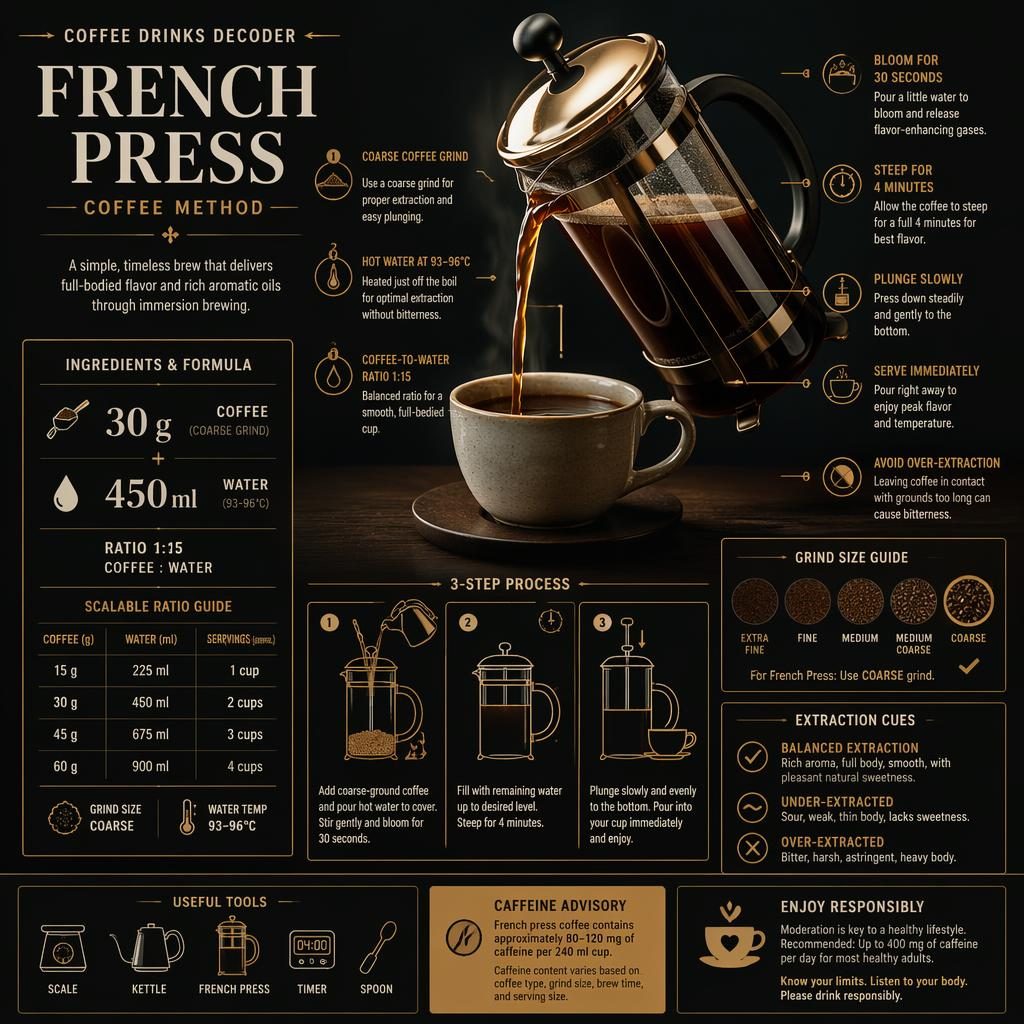 Editorial infografika French Press Coffee Method s french pressem, šálkem kávy, zlatými popiskami a panelem poměrů.