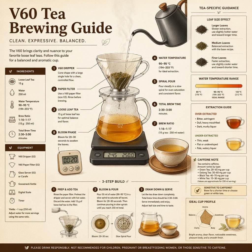 Editorial tea infographic showing a V60 pour-over setup, labeled brew steps, metrics, side panels, and warm cafe styling.