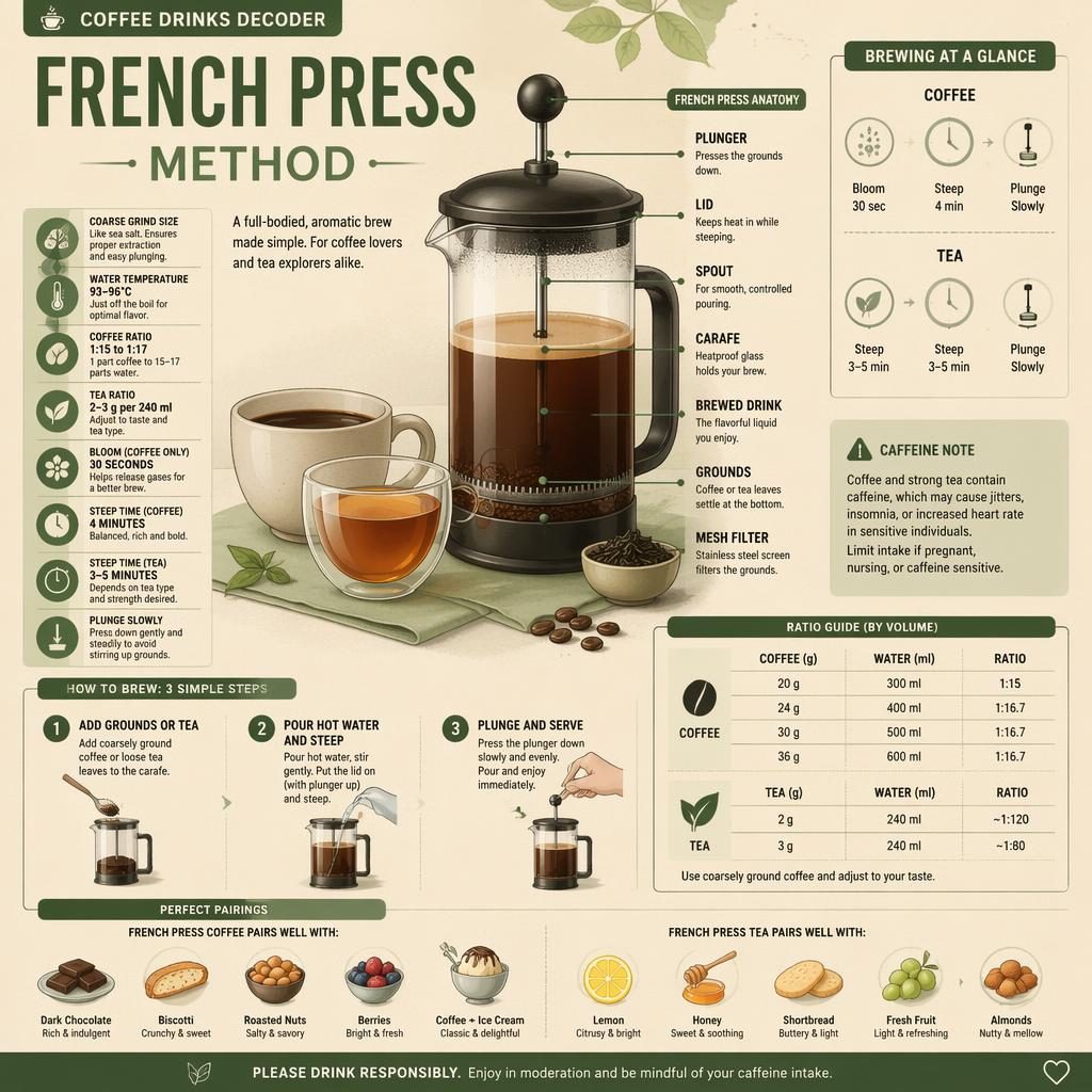 Minimalistická infografika French Press v zeleno-béžové paletě s karafou, šálky, popisky přípravy a párováním.