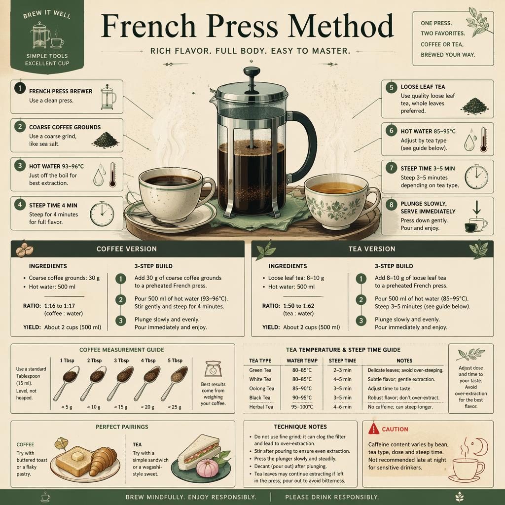 French press coffee and tea recipe card infographic with callouts, ratios, cups, tray, and retro kissaten styling.