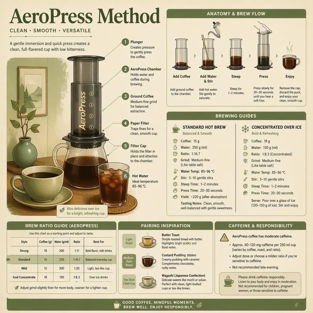 Japanese kissaten-style AeroPress infographic with brewer anatomy, ratio chart, hot and iced brew steps, and pairing notes.