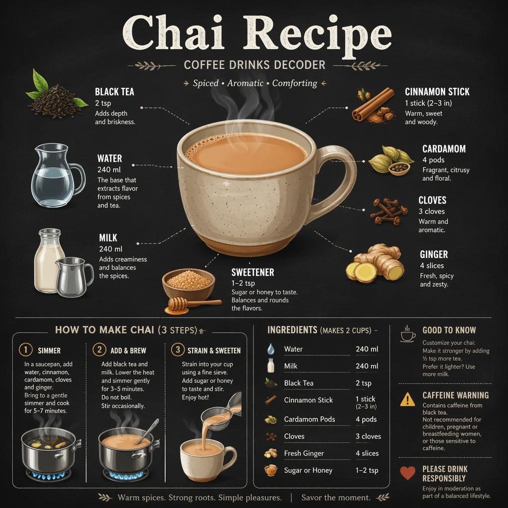 Minimal flat chai recipe infographic on a dark chalkboard background with a steaming mug, spices, saucepan, ratios, and steps