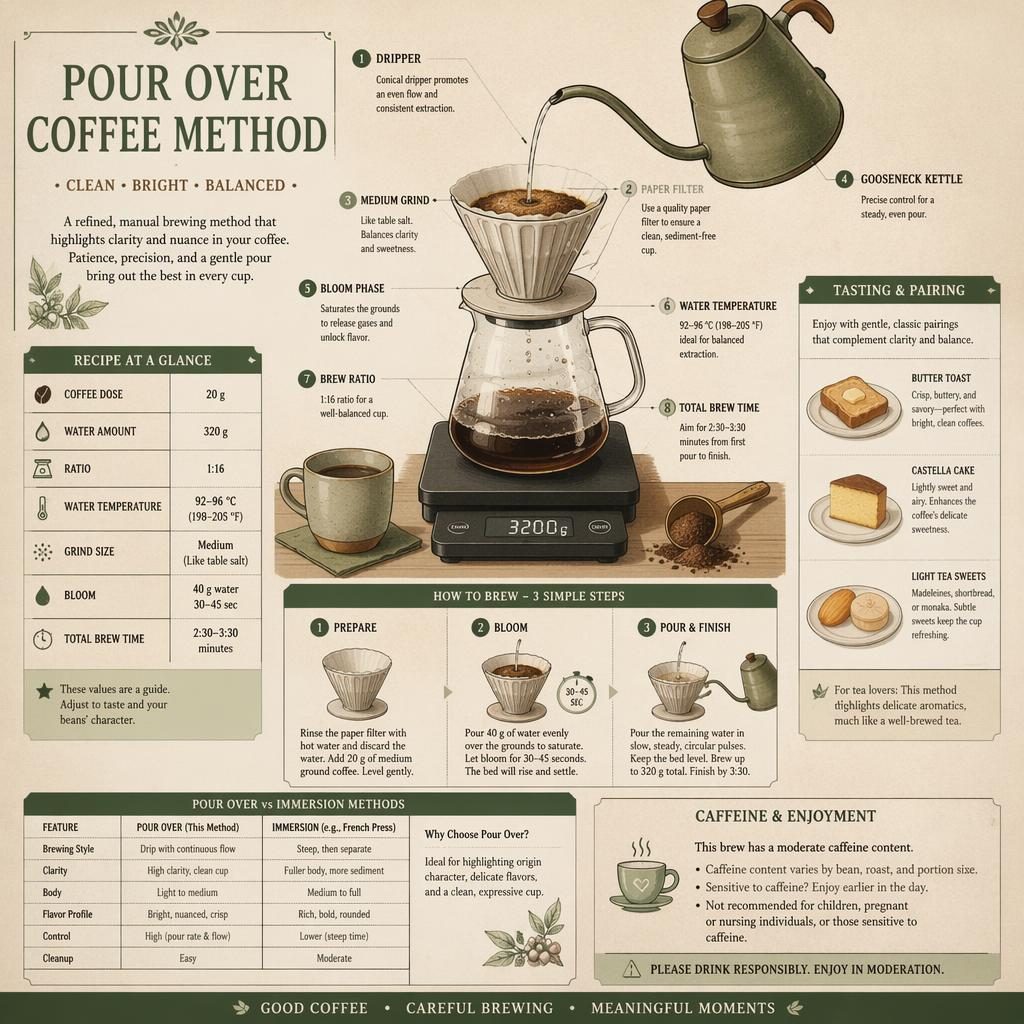 Japanese kissaten-style coffee infographic showing pour over dripper, server, kettle, cup, scale, metrics, steps, and pairings.
