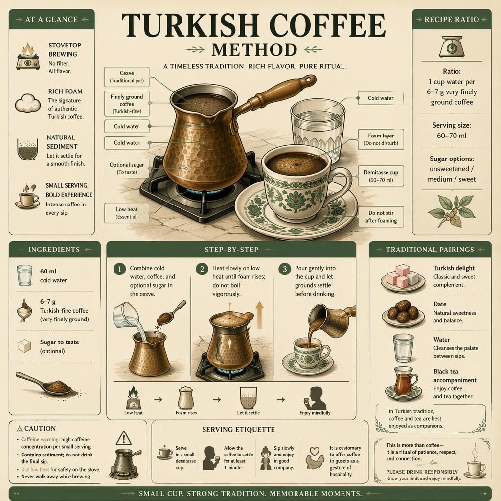 Turkish coffee method infographic in sage green and beige with cezve, demitasse cup, water glass, ratio panel, and 3-step guide.