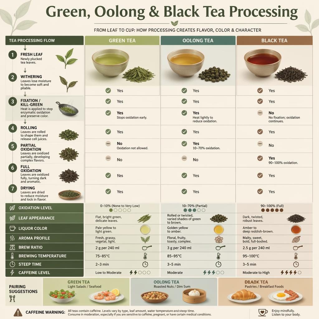 Minimal flat tea infographic comparing green, oolong and black tea processing, brewing ratios, oxidation, cups and leaves.