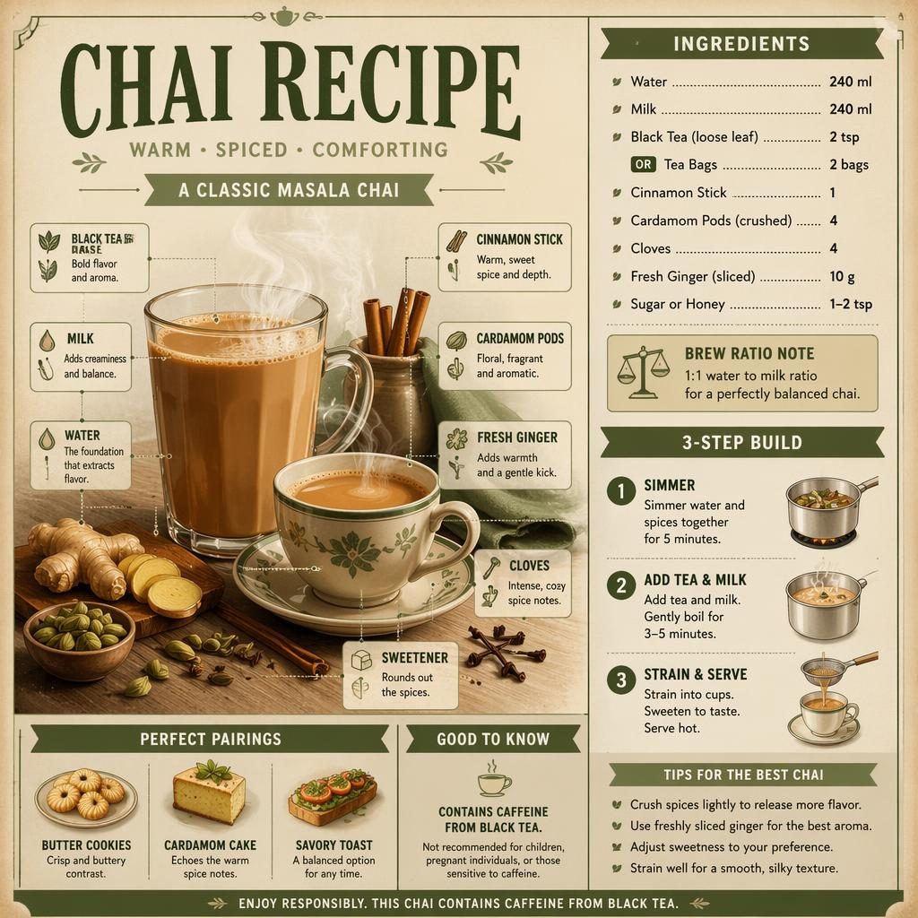 Vintage sage green chai recipe infographic with glass mug, teacup, spice callouts, 3-step brew guide, and pairing panel.