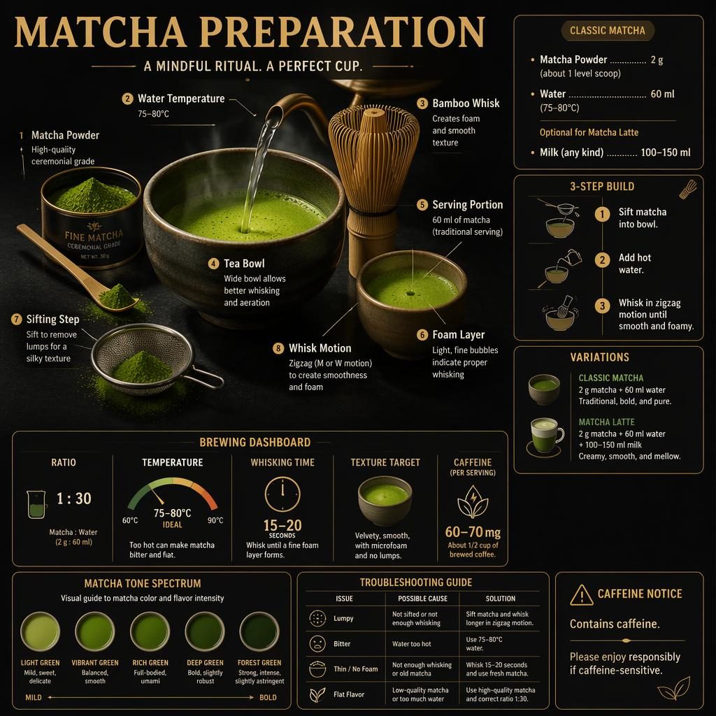 Black and gold matcha recipe infographic with bowl, bamboo whisk, scoop, powder tin, water stream, callouts, and metrics.
