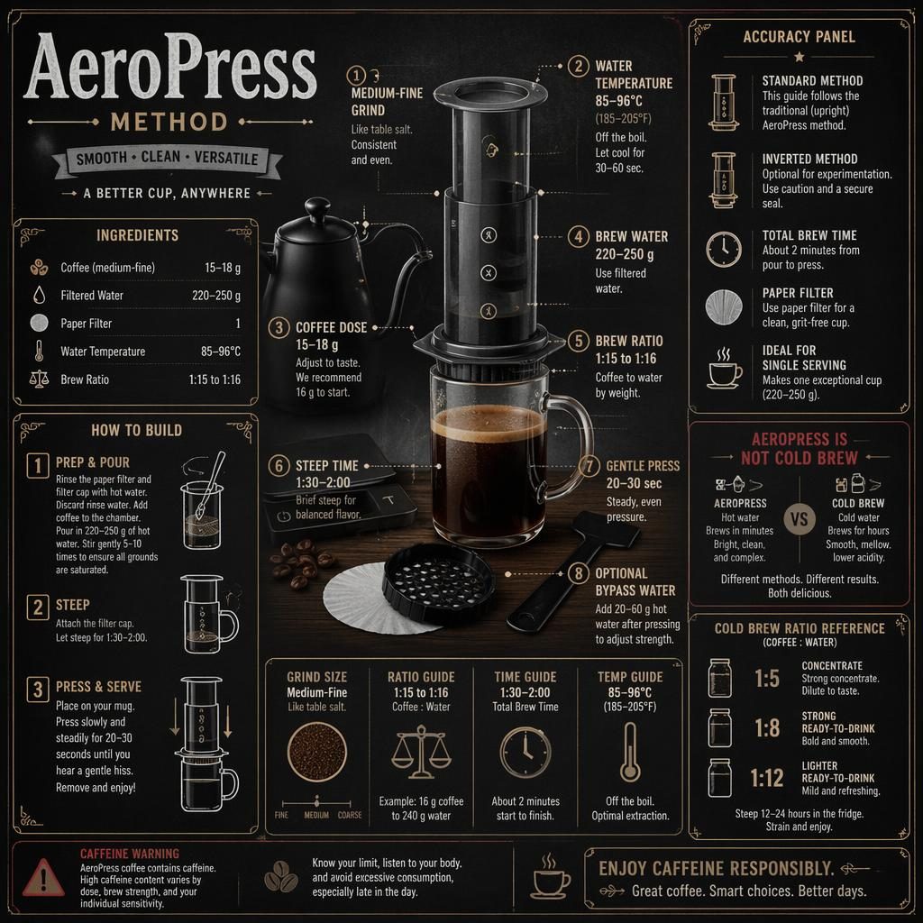 Vintage chalkboard-style AeroPress coffee recipe card with brewer, glass mug, tools, labeled brew callouts and cold brew ratio chart.