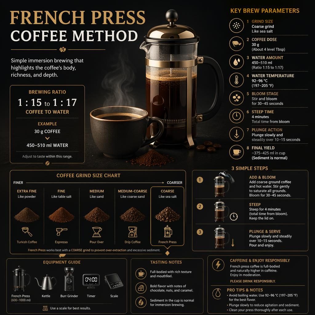 Editorial French press recipe card with black and gold layout, grind size chart, brew ratio callouts, 3 steps, and equipment icons.
