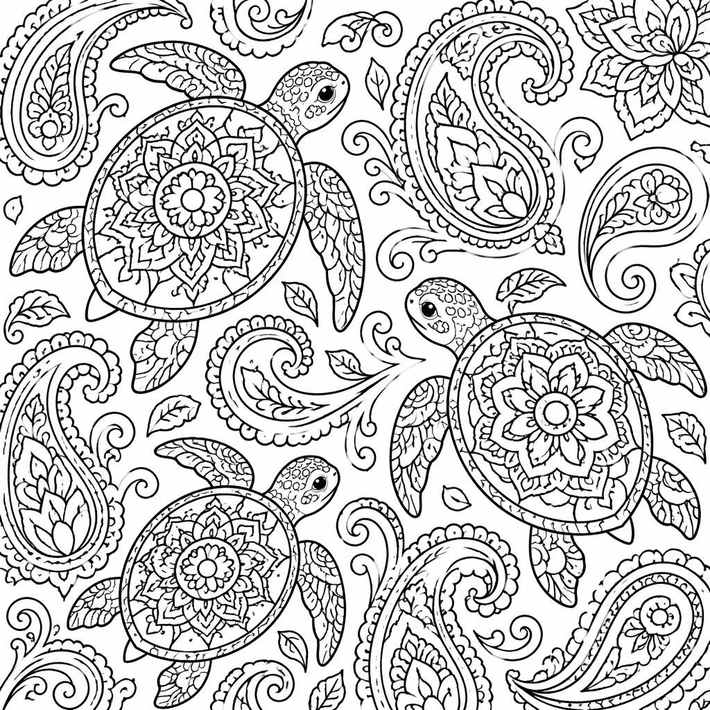 Página para colorear en blanco y negro con patrones paisley intrincados y estilo art nouveau, líneas limpias.