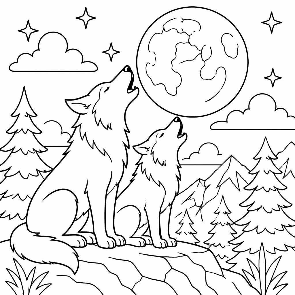 Black-and-white line art coloring page with simple manga-style wolves howling at the moon on a white background.