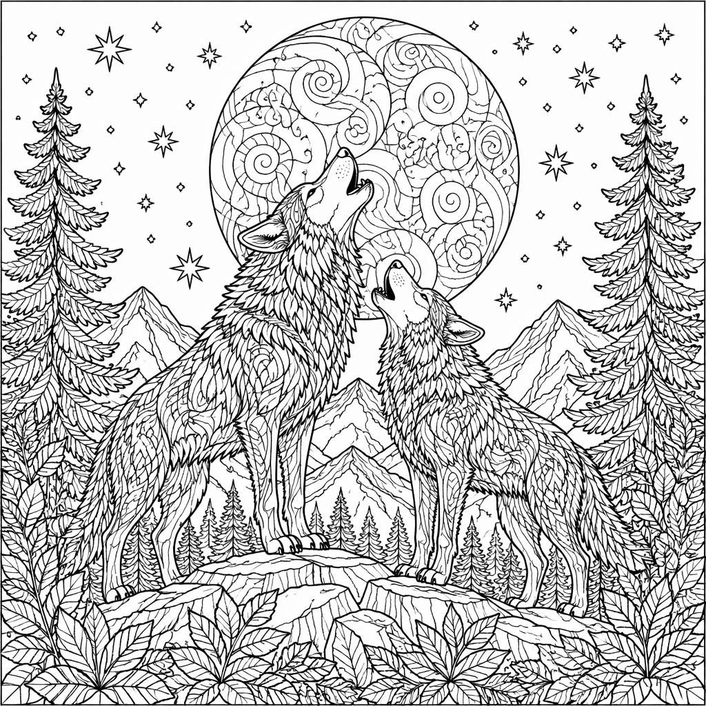 Ilustración para colorear en blanco y negro de lobos adultos aullando a la luna, con detalle intrincado y líneas limpias.
