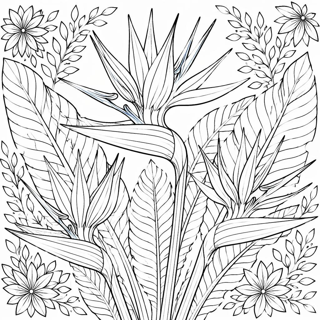 Black-and-white coloring page with detailed birds of paradise flowers and leaves in intricate botanical line art.