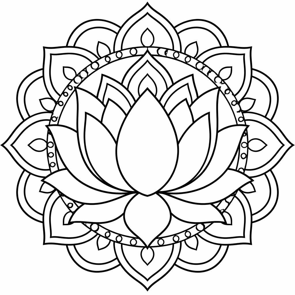 Schwarz-weiße Mandala-Lotus-Malvorlage mit einfachen, klaren Linien, runden Blütenblättern und geschlossenem Ausmalbild.