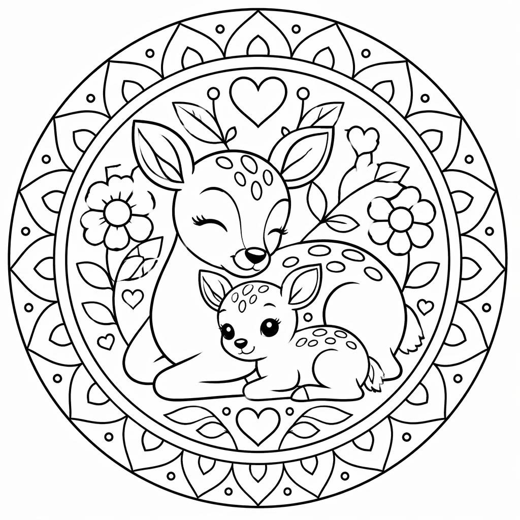 Ilustración en blanco y negro de madres y bebés animales con estilo mandala, contornos simples y fondo blanco.