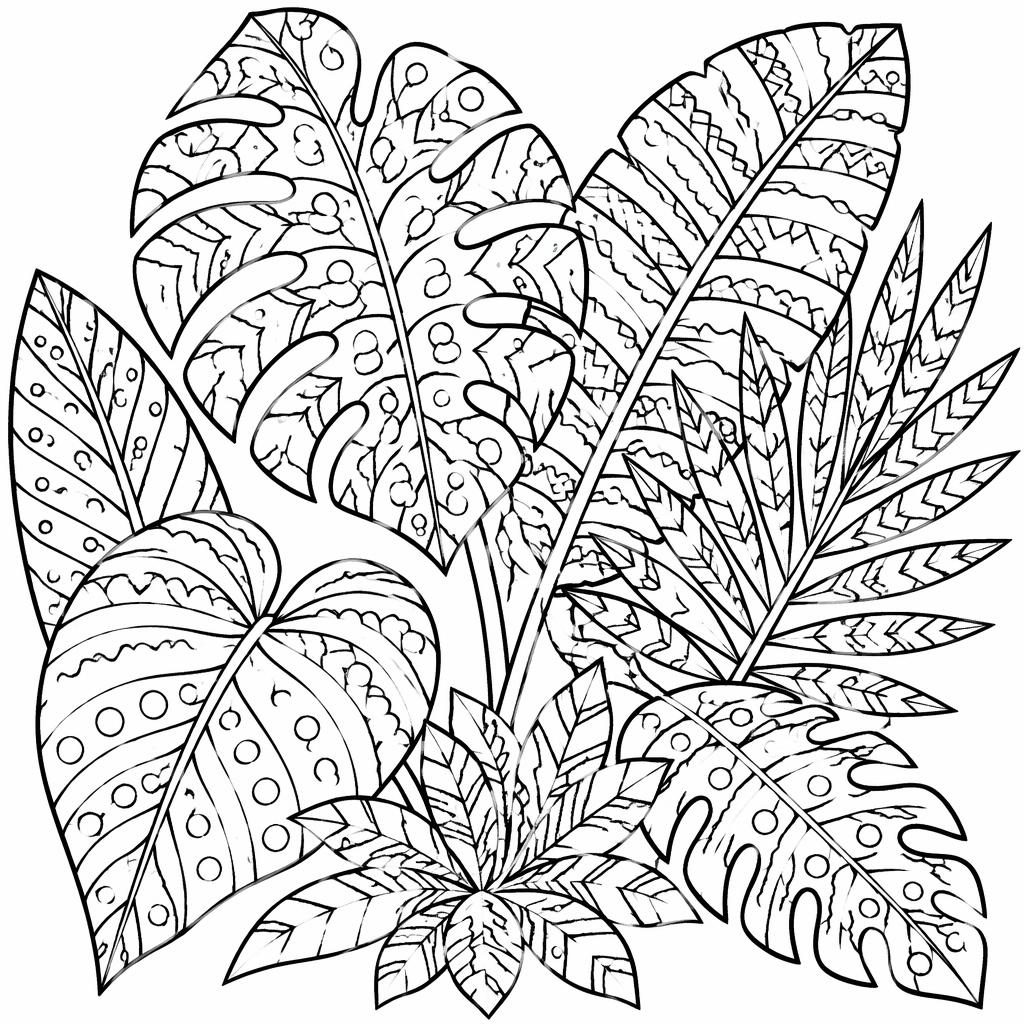 Schwarz-weiße Ausmalbild-Illustration mit tropischen Blättern im Zentangle-Stil, klare Konturen, cartoonhaft