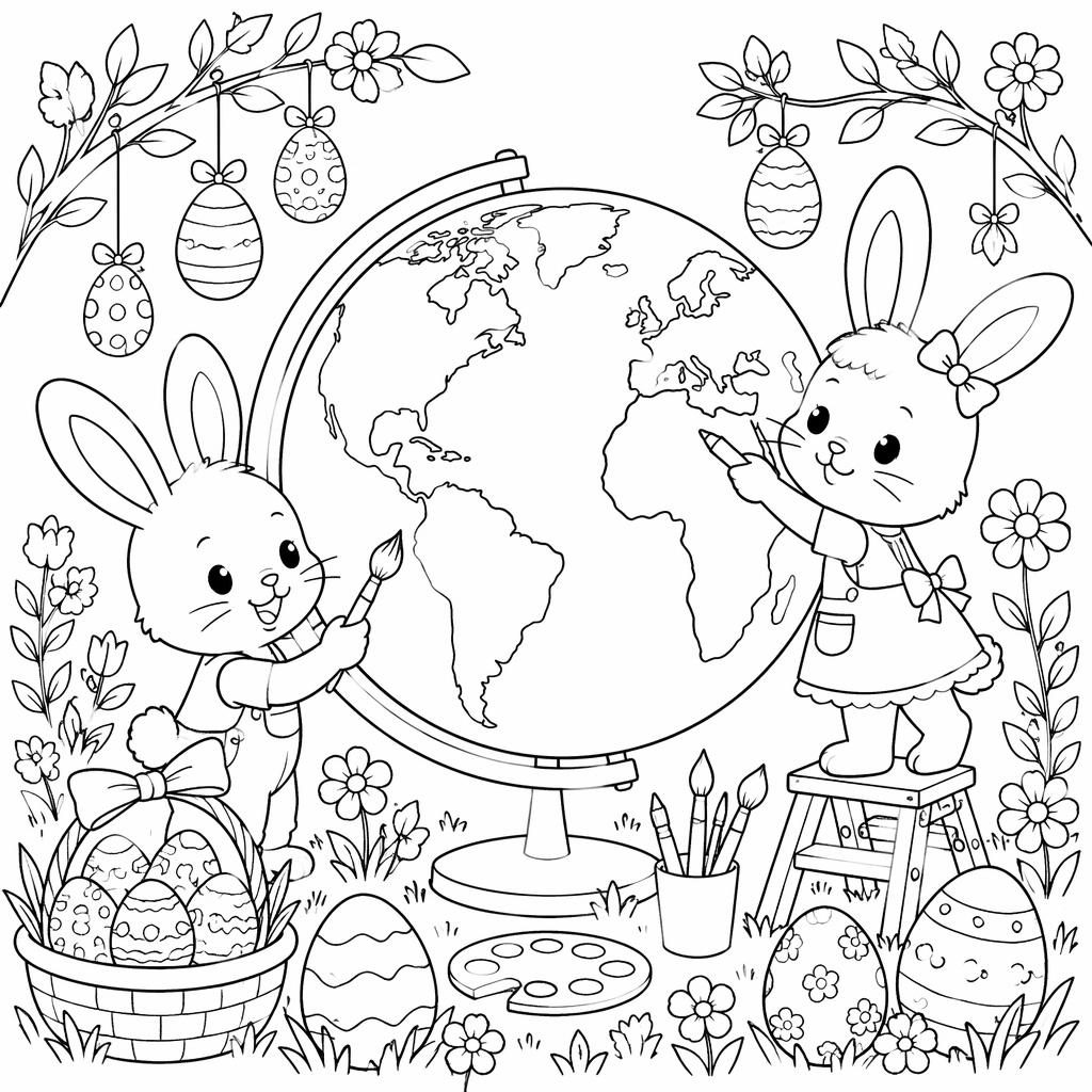Ilustración para colorear en blanco y negro con conejitos niños, huevos de Pascua y detalles botánicos.