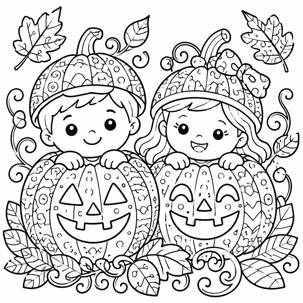 Black-and-white coloring page of kids with Halloween pumpkins in a simple zentangle doodle line-art style.