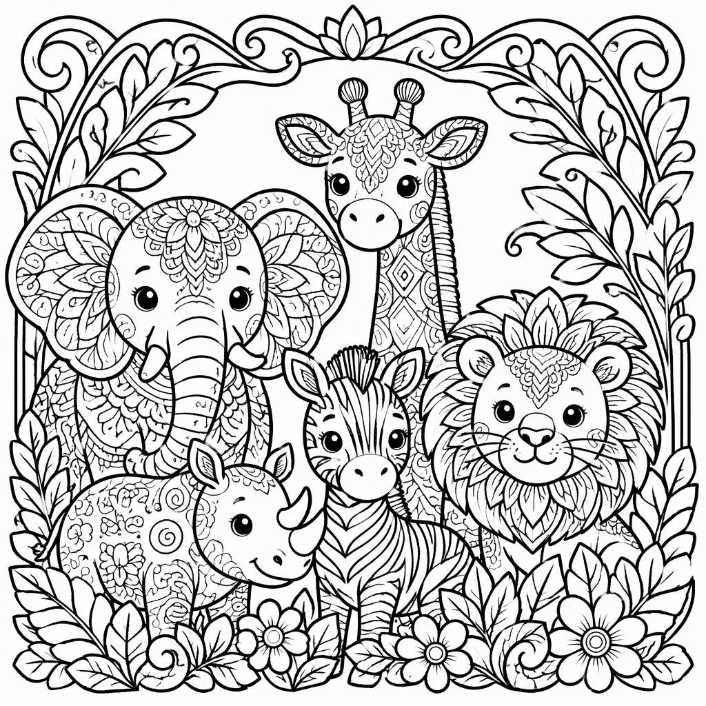 Illustration noir et blanc d’animaux de safari en zentangle, style art nouveau, contours épais et formes fermées.