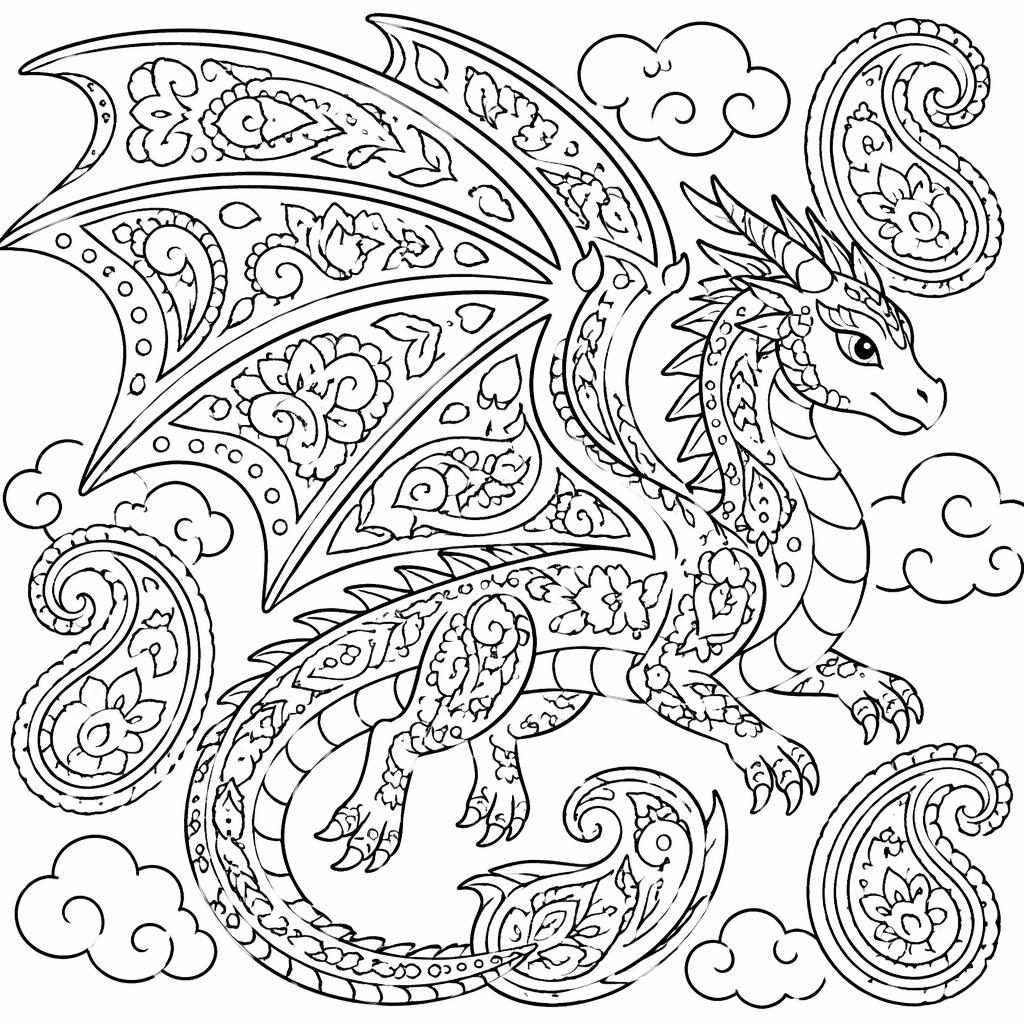 Black-and-white coloring page with intricate paisley mandala patterns, chunky outlines, and closed shapes on white.
