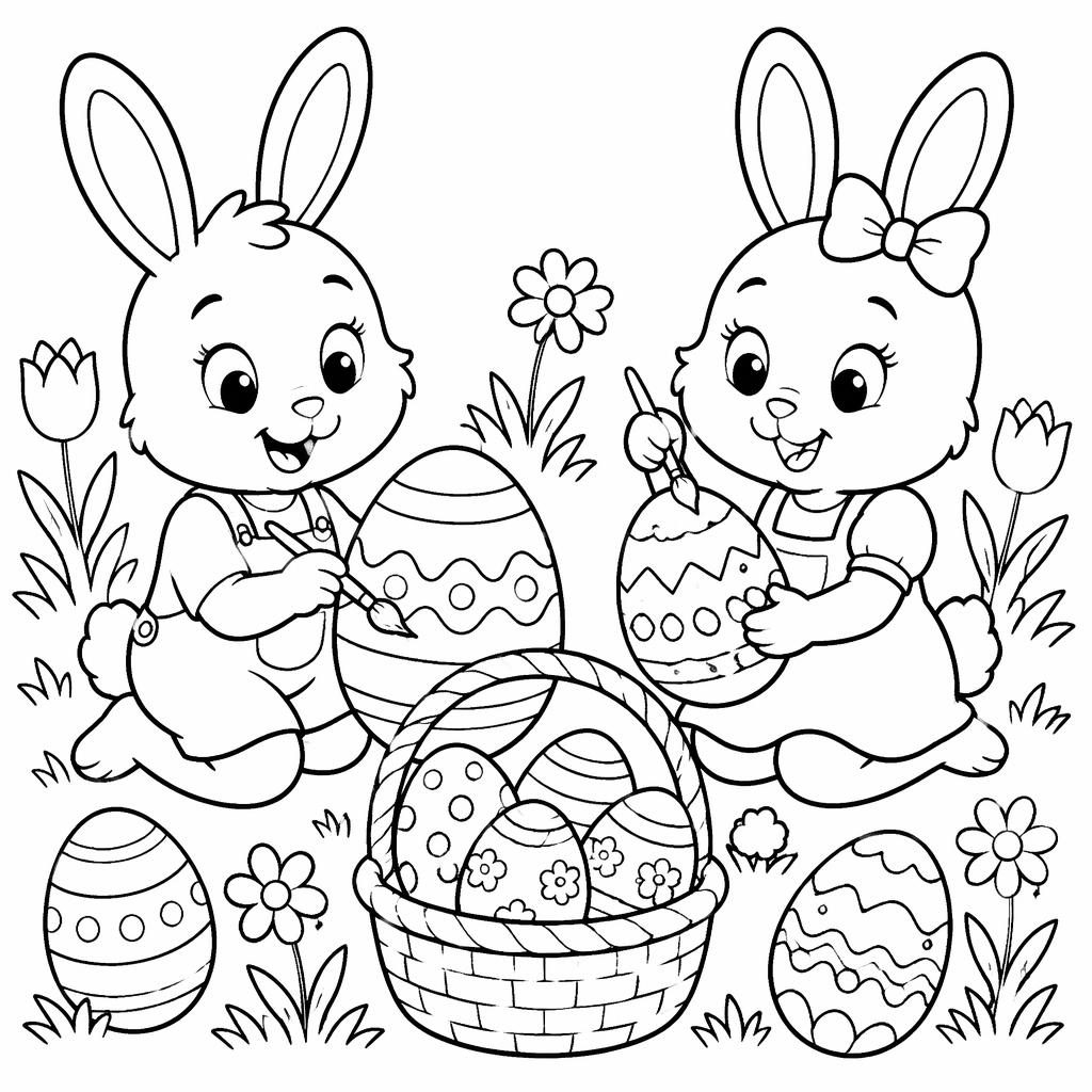 Schwarz-weißes Ausmalbild mit Ostereiern und Hasenkindern im botanischen Line-Art-Stil auf weißem Hintergrund.