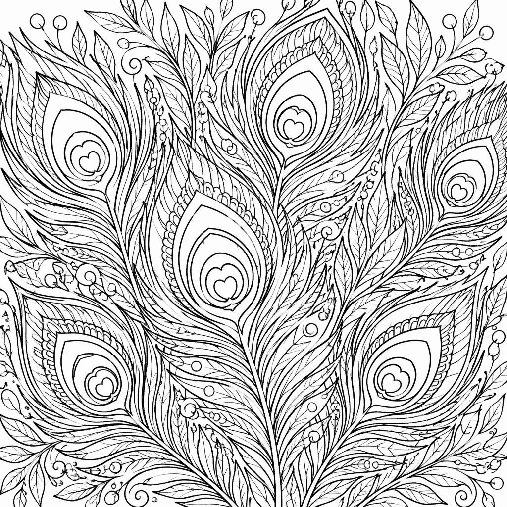 Ilustración para colorear en blanco y negro con plumas de pavo real detalladas, estilo manga y trazos limpios.