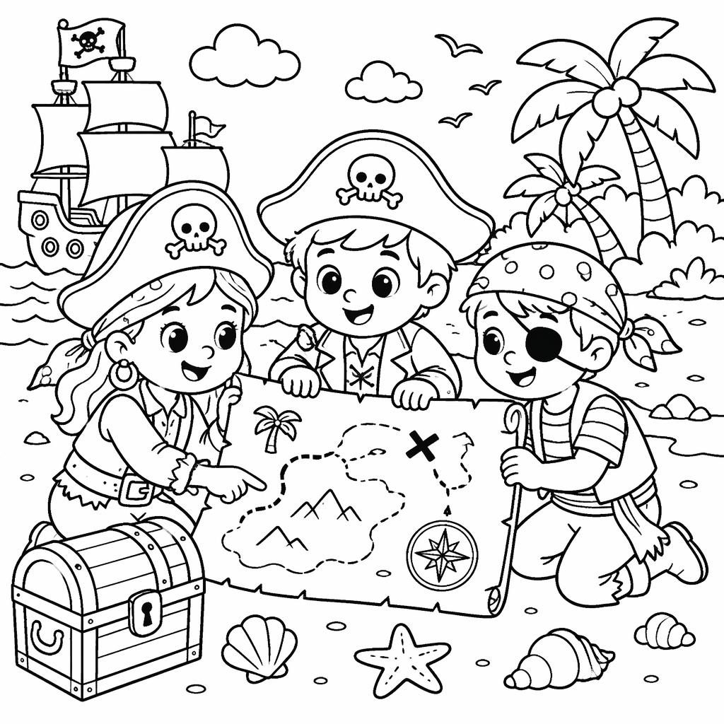 Ilustración para colorear en blanco y negro de niños piratas con un mapa del tesoro, estilo caricatura tierno.