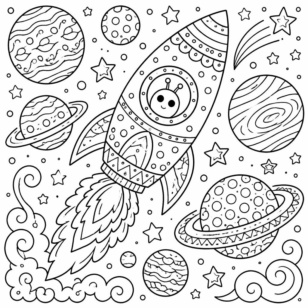Schwarz-weiße Ausmalbild-Illustration mit Rakete und Planeten im Zentangle-Stil für Kinder.