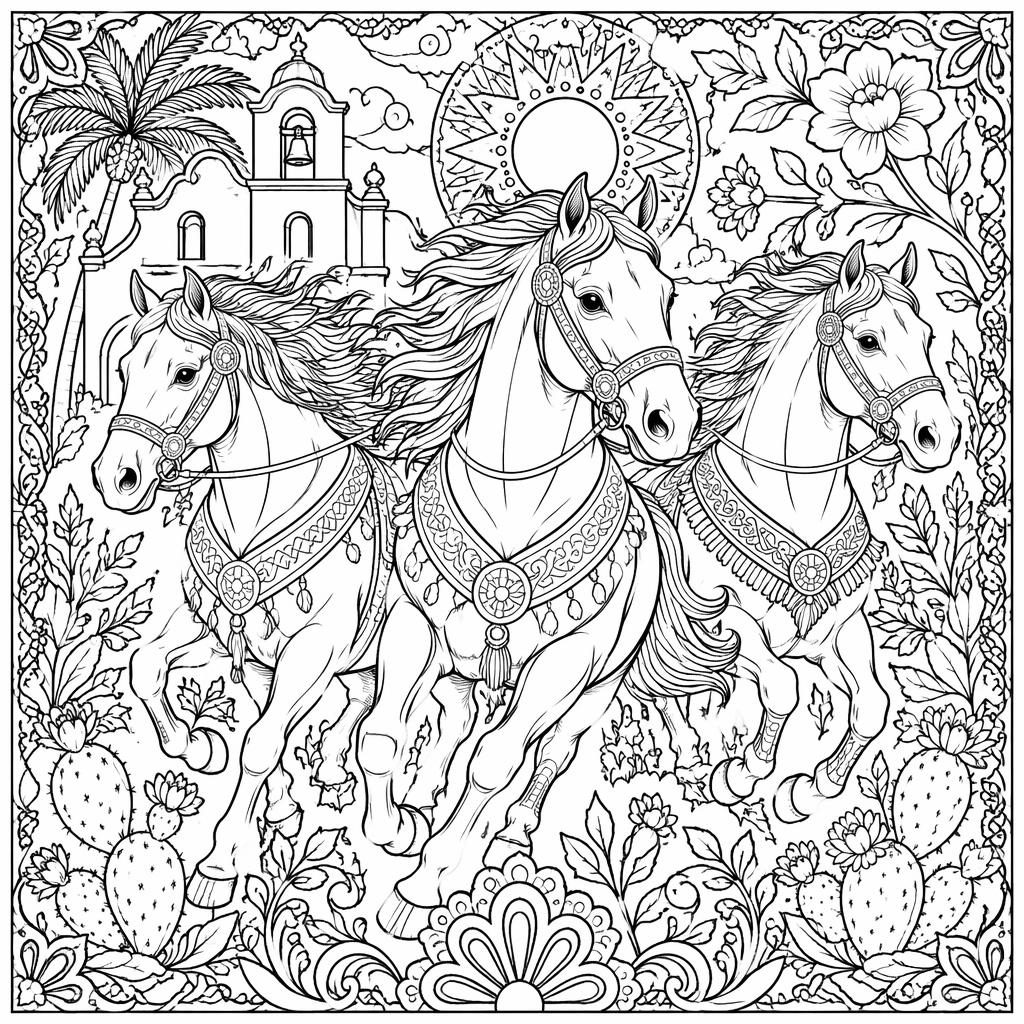 Black-and-white coloring page of detailed running horses with intricate botanical line art on a white background.