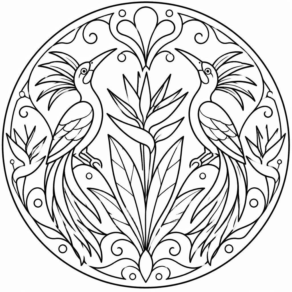 Ilustración en blanco y negro de aves del paraíso con líneas gruesas y formas simples, estilo art nouveau para colorear.