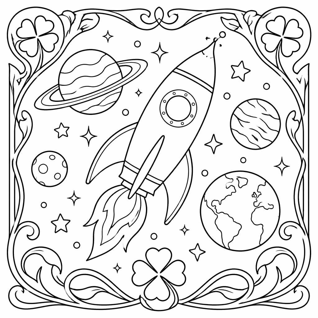 Schwarz-weiße Ausmalseite mit Weltraumrakete und Planeten im Jugendstil, klare Konturen auf weißem Hintergrund