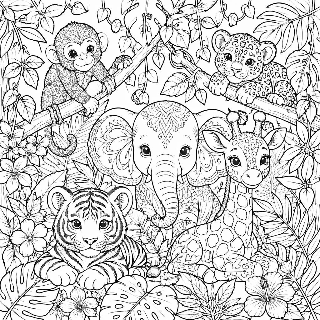 Black-and-white jungle animals coloring page for kids with intricate botanical line art, mandala-style details, and clean outlines.