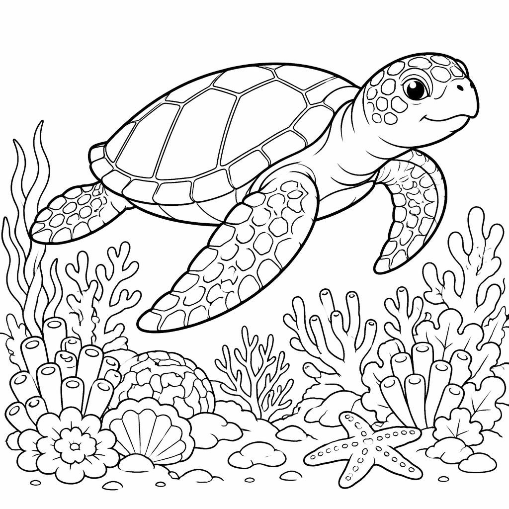 Ilustración para colorear en blanco y negro de una tortuga marina adulta nadando entre corales del arrecife.