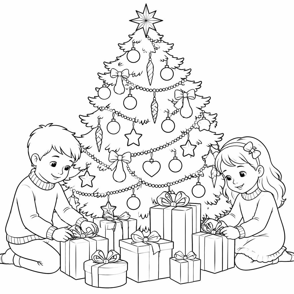 Schwarz-weiße Ausmalvorlage mit Weihnachtsbaum, Geschenken und Kindern als klare Line-Art auf weißem Hintergrund.
