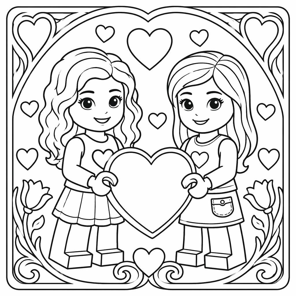 Schlichte Schwarz-Weiß-Malvorlage mit Valentine-Herzen für Kinder im verspielten Jugendstil als klare Linienzeichnung.