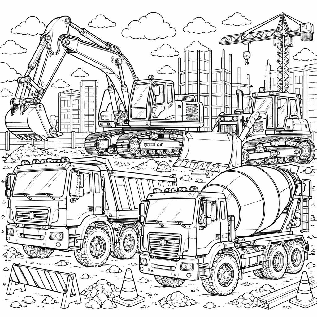 Ilustración para colorear en blanco y negro con camiones de construcción detallados para niños, estilo lineal limpio.