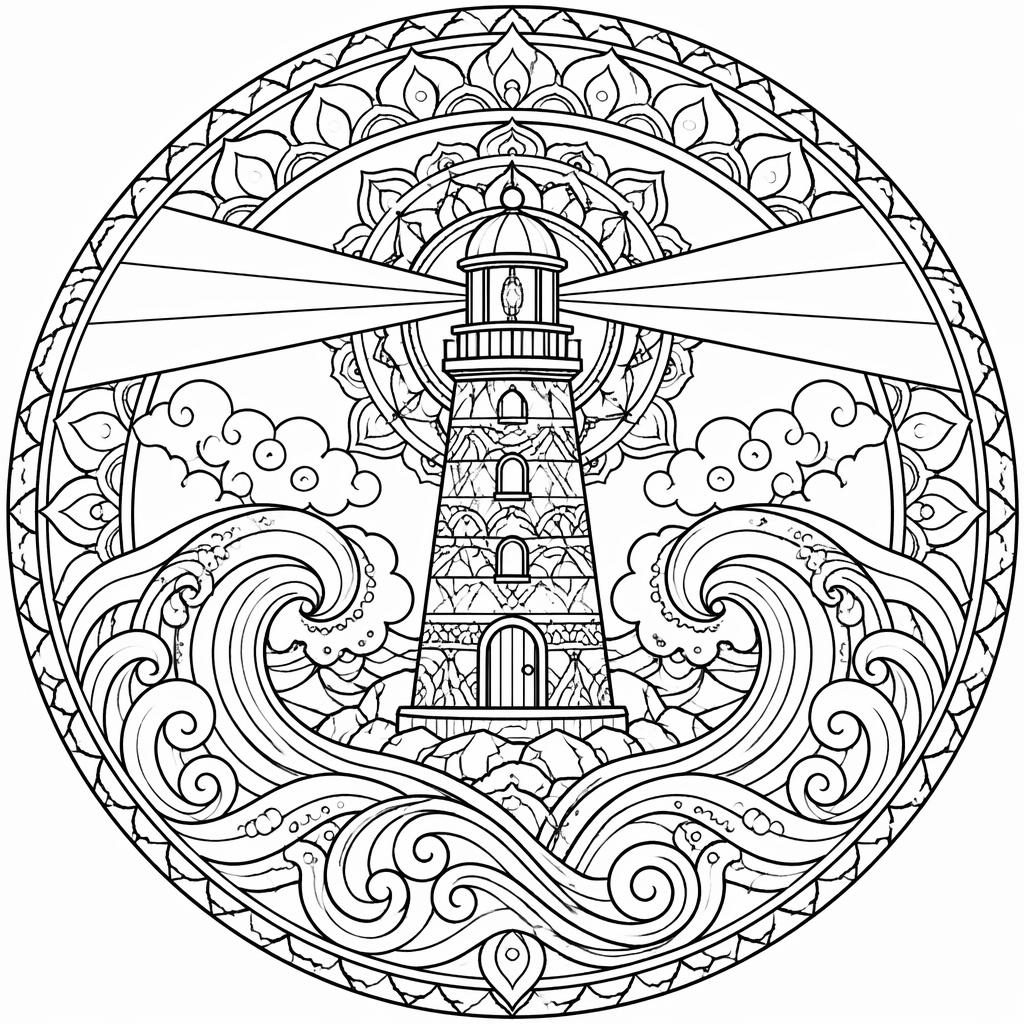 Black-and-white coloring page with a lighthouse and stylized waves in an intricate mandala geometric line-art style.