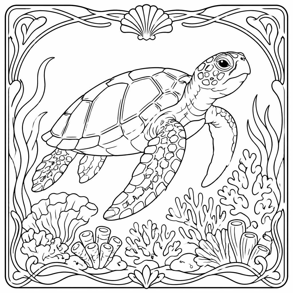 Illustration à colorier en noir et blanc d’une tortue de mer adulte nageant près d’un récif, style art nouveau.