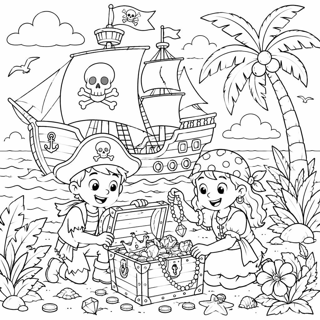 Illustration noir et blanc d’un bateau pirate avec trésor et enfants, en contours nets à colorier, style botanique