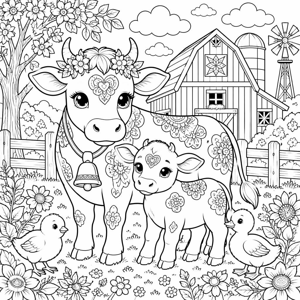 Black-and-white coloring page showing a cow and farm animals in a detailed kid-friendly farm scene with clean line art.