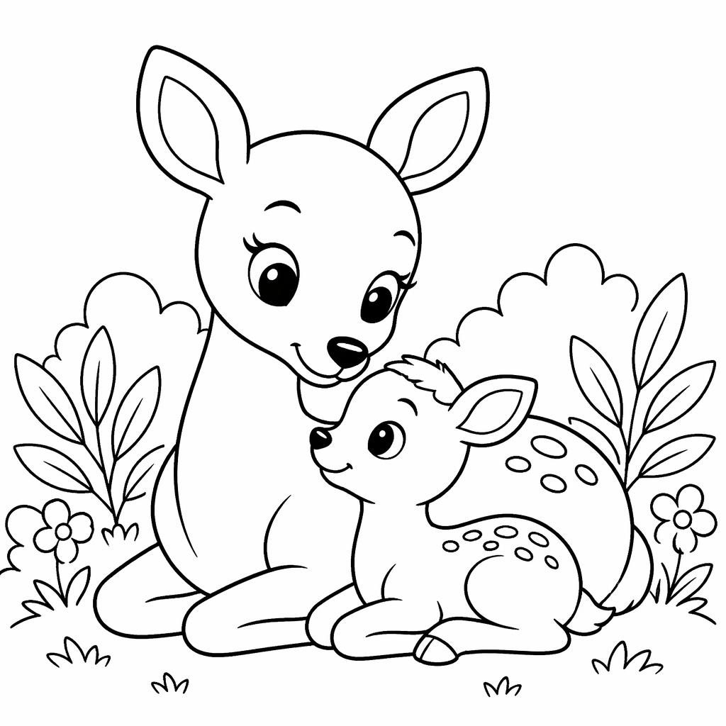 Illustration à colorier en noir et blanc de mamans animaux avec leurs bébés, style cartoon simple et mignon.