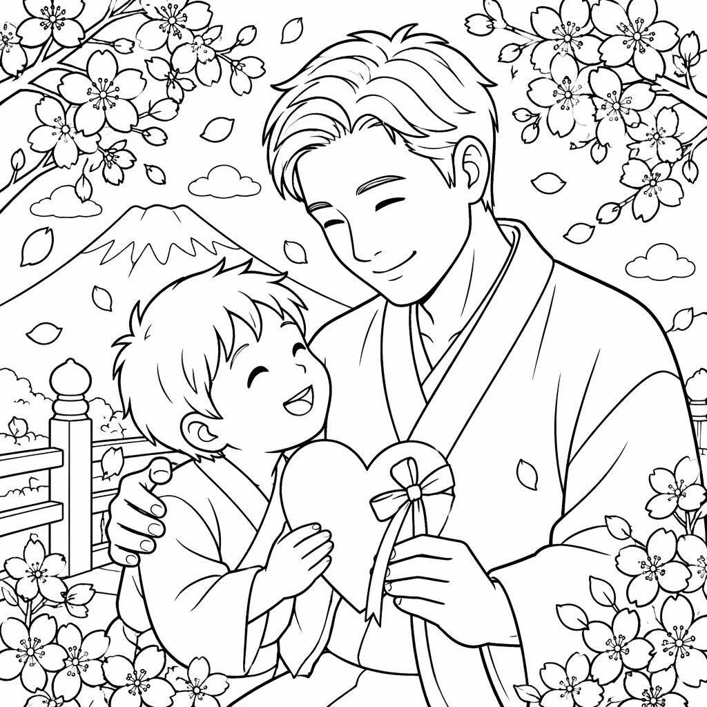 Black-and-white coloring page of a Japanese cherry blossom scene in detailed manga-inspired line art for adults.