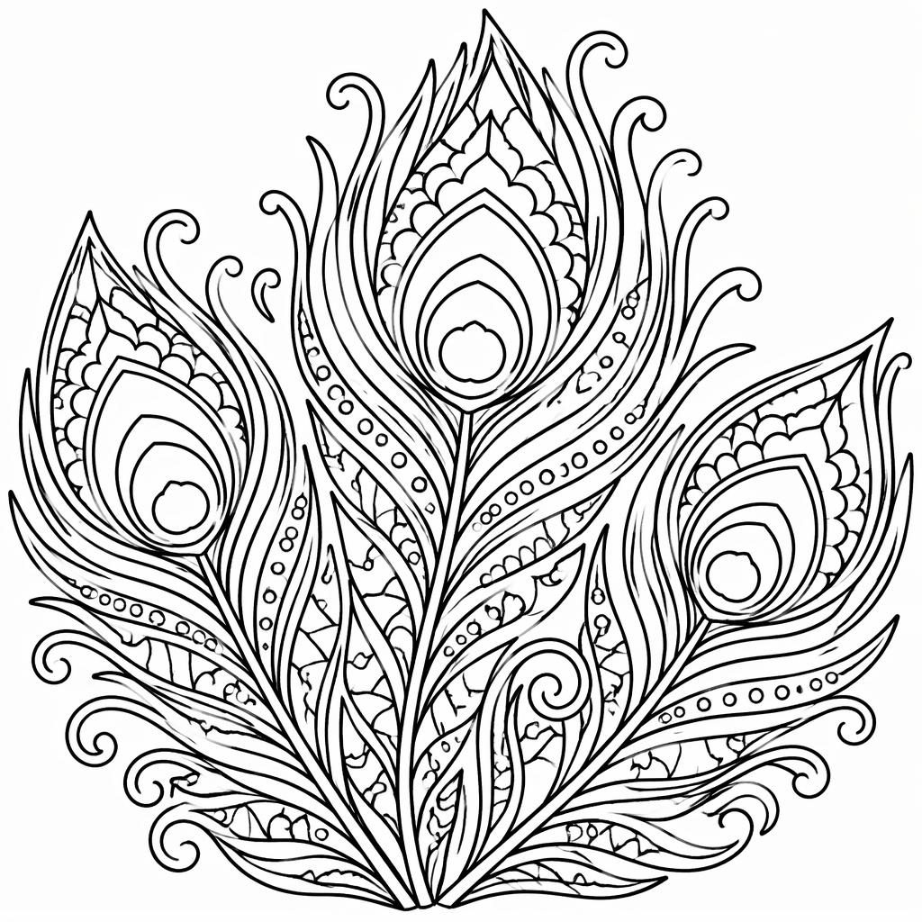 Ilustración para colorear en blanco y negro de plumas de pavo real con líneas gruesas y formas simples.