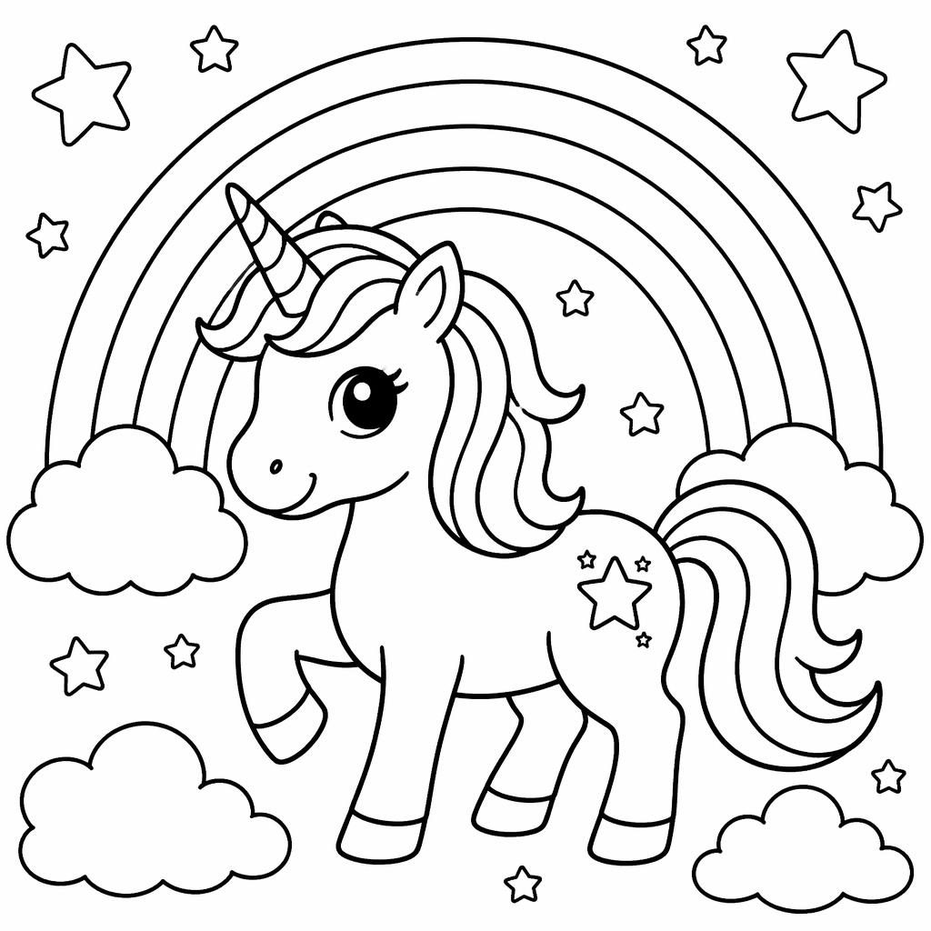 Schwarz-weiße Ausmalseite mit süßem Einhorn unter einem einfachen Regenbogen als kindgerechte Cartoon-Linienzeichnung.