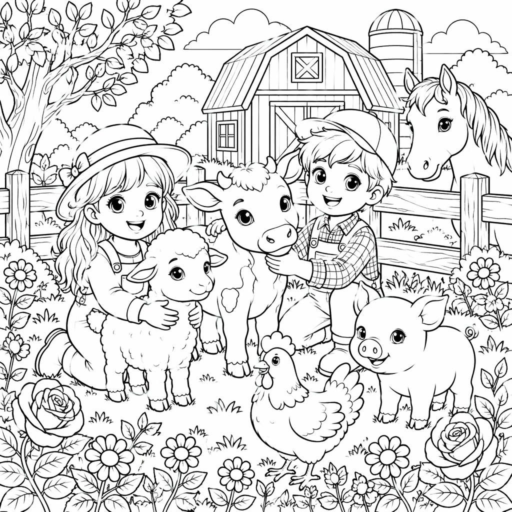 Illustration noir et blanc à colorier avec une rose et des animaux de la ferme, style manga, contours nets.