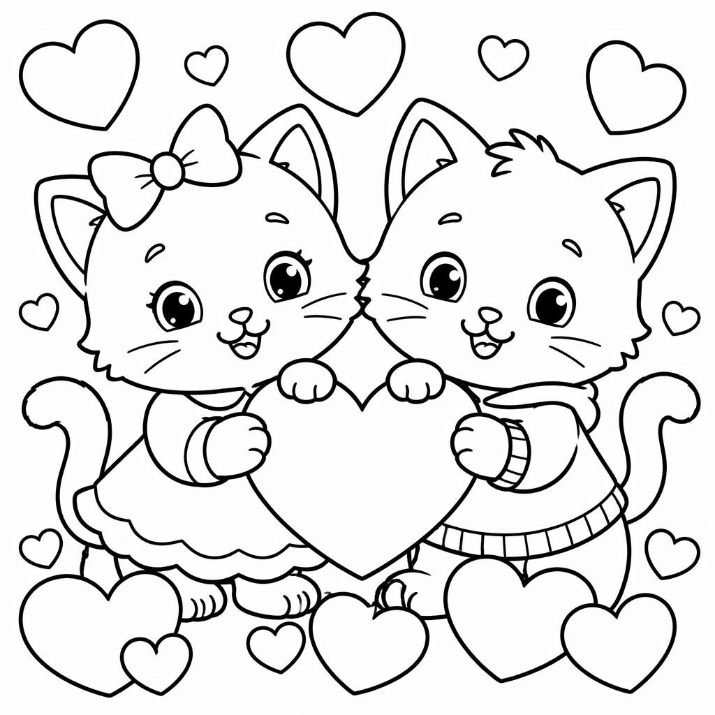 Página para colorear en blanco y negro con gatos tiernos y corazones de San Valentín, estilo cartoon simple.