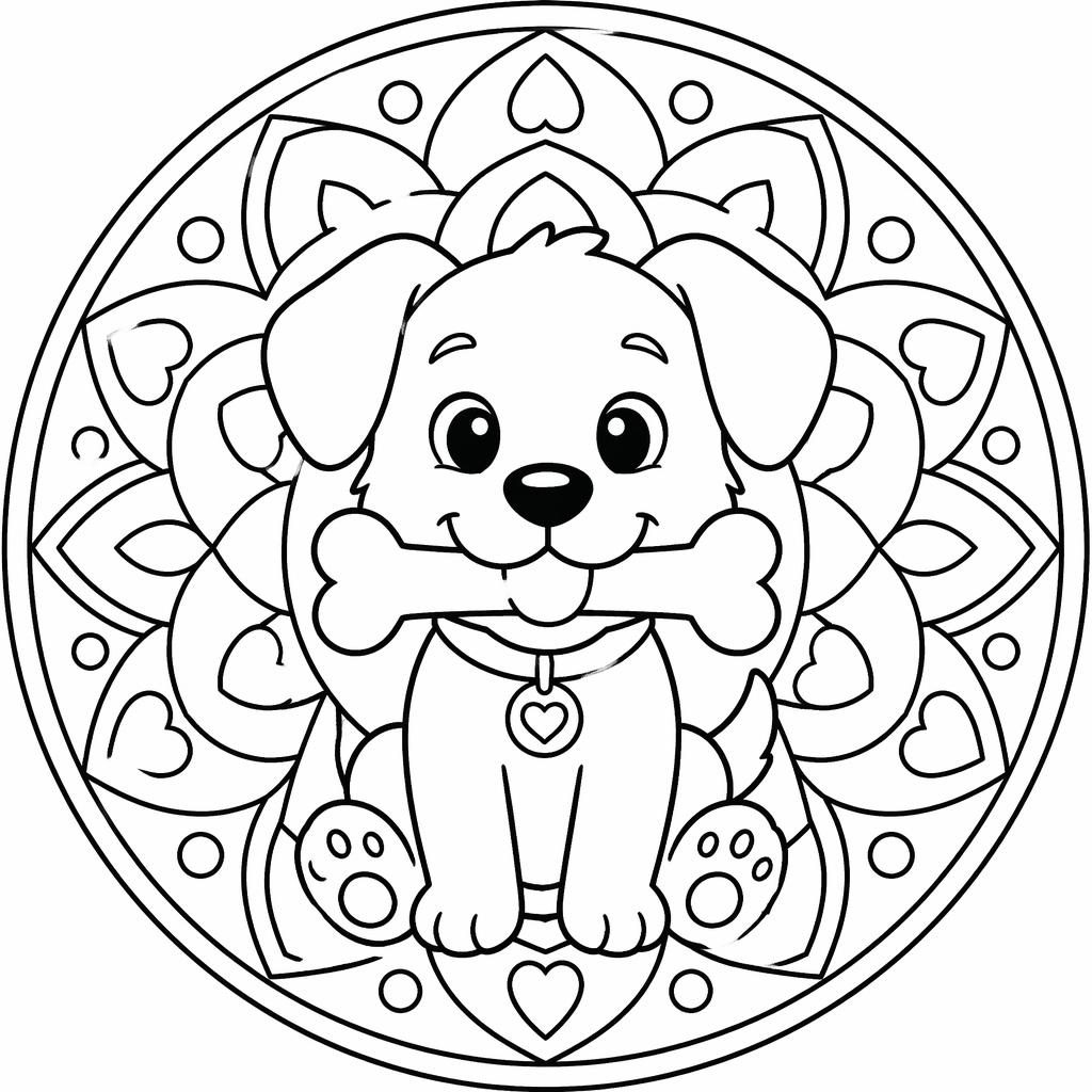 Ilustración para colorear en blanco y negro de un perrito tierno con un hueso, estilo cartoon y líneas simples.